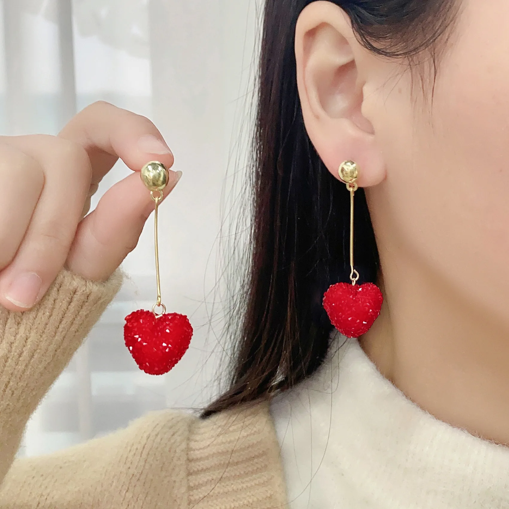 Earrings Heart Red Rhinestone Silver Post Designer Chic Premium Sturdy Comfortable Lightweight for Women Daily Wear