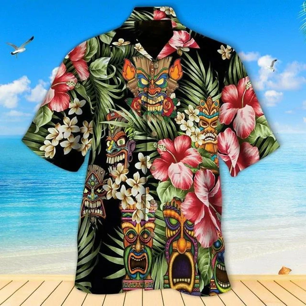 2024 Casual Men's Shirt Summer Clothing Tribal Print Pattern Clothing Vacation Beach Oversized Short Sleeved Top Men's Shirt