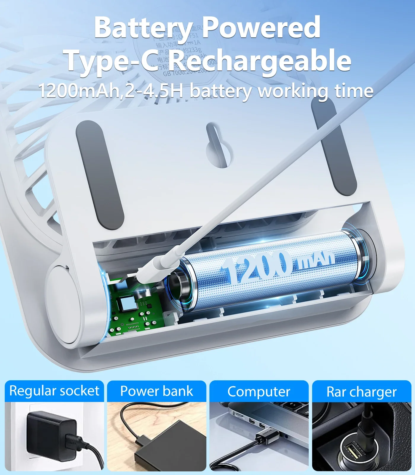 Portable Magnetic Fan With 1200mAh Battery Powered Usb Rechargeable 180 Adjustable 4 Speed Wind Ultra-thin Air Cooling Fan