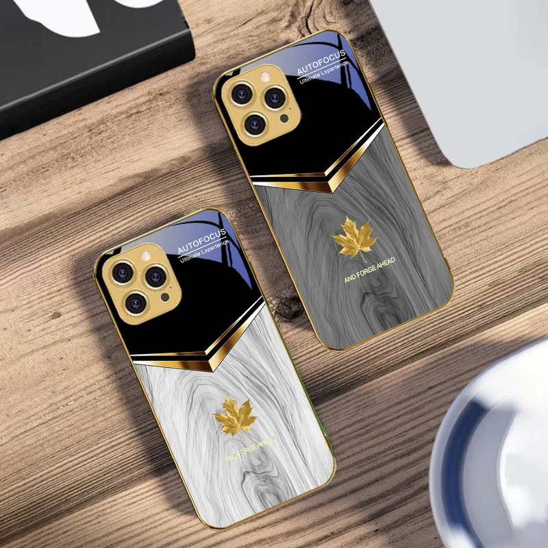 

Golden Cute Maple Leaf For IPhone 16 16Pro Max 15 P ro 14 13 Plus 12 Mini 11Pro Max XS Max XR Golden tempered glass phone case