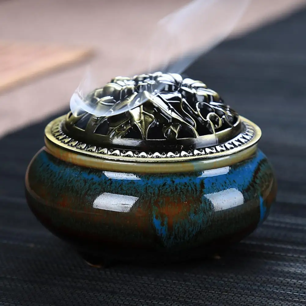 Incense Burner Hollow Top Slow Smoke Fireproof Heat Resistance Ice Crack Pattern Peaceful Mind Censer Burner Living Room Supply