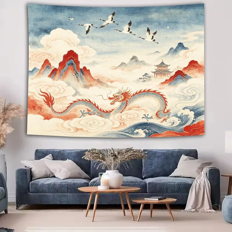 VIKAMA Chinese Ink Painting Tapestry Wall Hanging, Soft Touch Print, Wall Art for Living Room Bedroom Office Study Room Decor