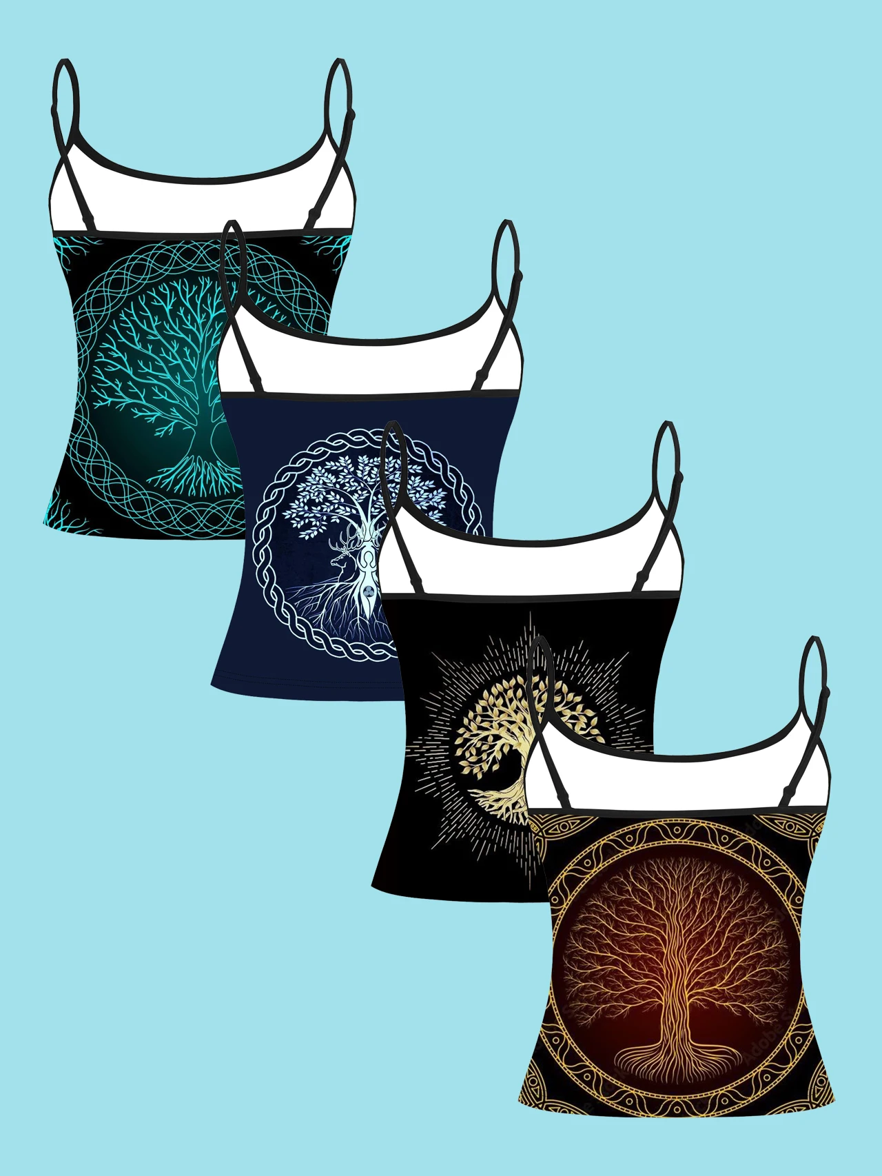 4-Piece Set of Tree of Life Printed Camisole Tops for Women, Nordic Celtic Mysterious Style Slim-Fit Spaghetti Strap Tops
