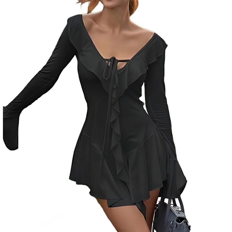 ABRT – Vestido feminino de manga comprida com decote em V, ombro de fora, babado, em camadas, bodycon, mini vestidos