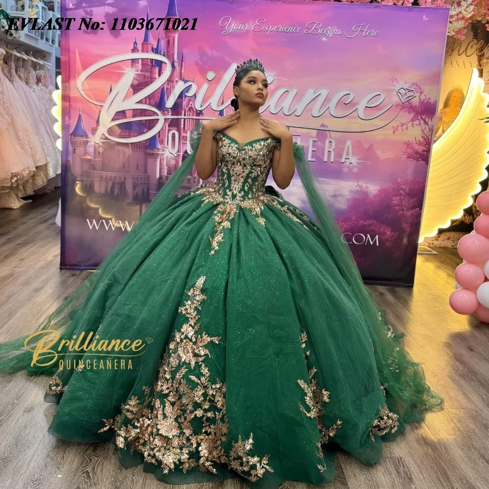 EVLAST-Robe de RhQuinceanera verte personnalisée, appliques florales dorées, nœud perlé, corset, Sweet 16, robe éducative, 15 ans, SQ577