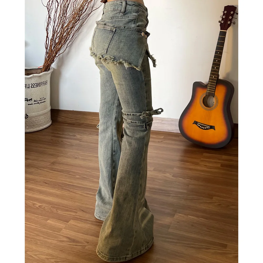 American Retro Fake Two Pieces Jeans Street Women's Unique Design Low Waist Slim Flare Trousers 2025 New Versatile Denim Pants