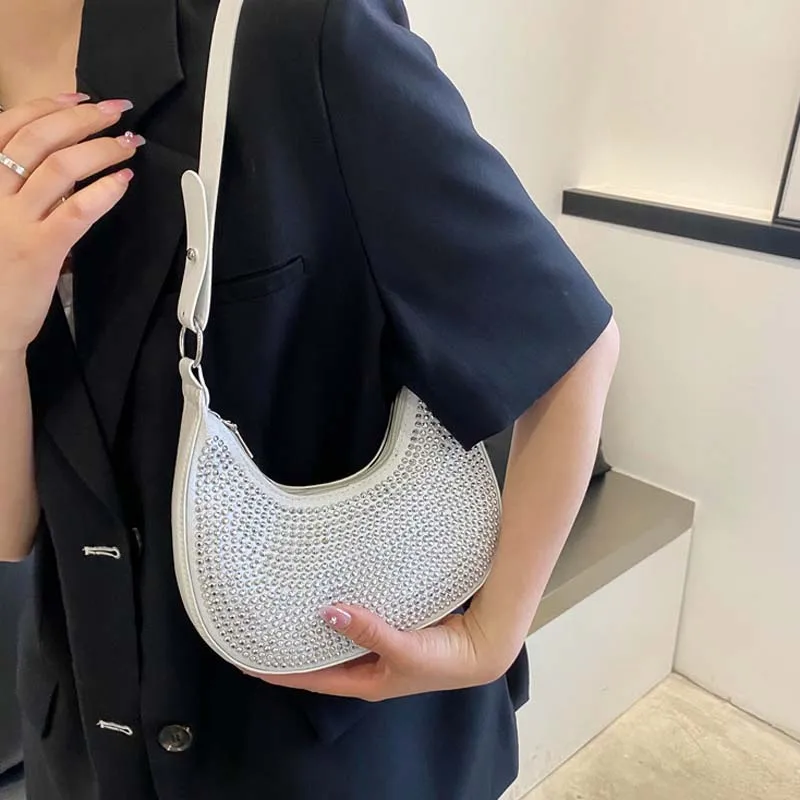 Women Blingbling One Shoulder Bag Bright Diamond Bag  New Fashion Luxury PU Leather Crossbody Bags Chic Design Half MoonBag