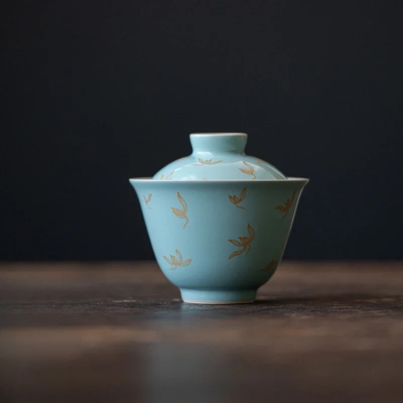 150ML Light Green Bronzing Ceramic Cover Bowl Autumn Water Orchid Tea Bowl Chinese Kung Fu Tea Set Rock Tea Main Brewing Bowl