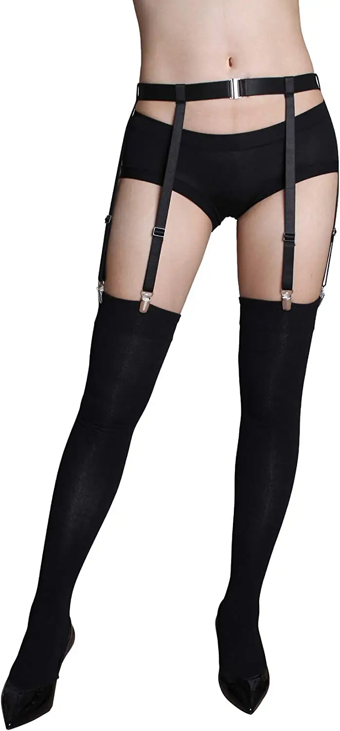 Hitam sederhana seksi Garter sabuk untuk wanita paha stoking tinggi kaki  elastis dapat disesuaikan kaus kaki sabuk suspender 4/6 klip logam