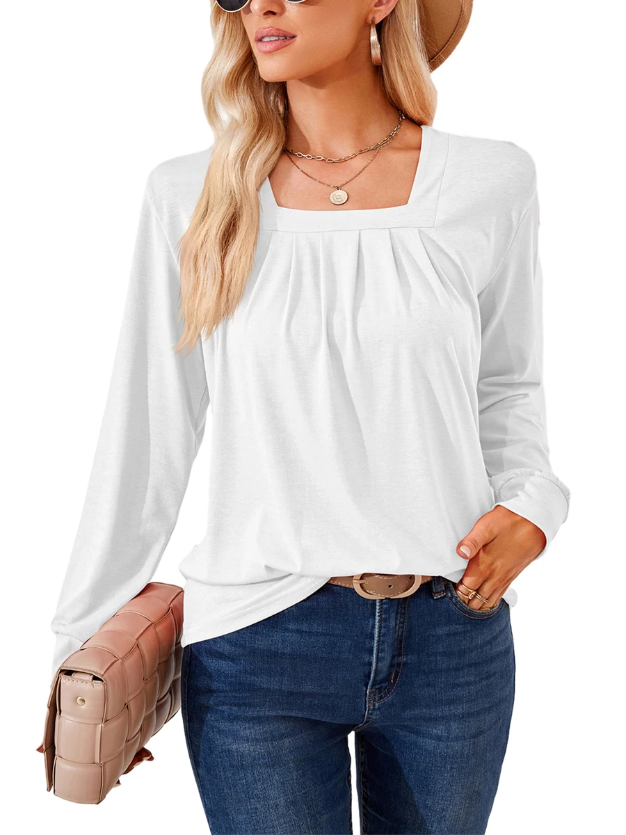 Mxiqqpltky Women Puff Long Sleeve Shirts Square Neck Pleated Tunic Tops Solid Color Loose Fit Flowy Blouses Tops Streetwear