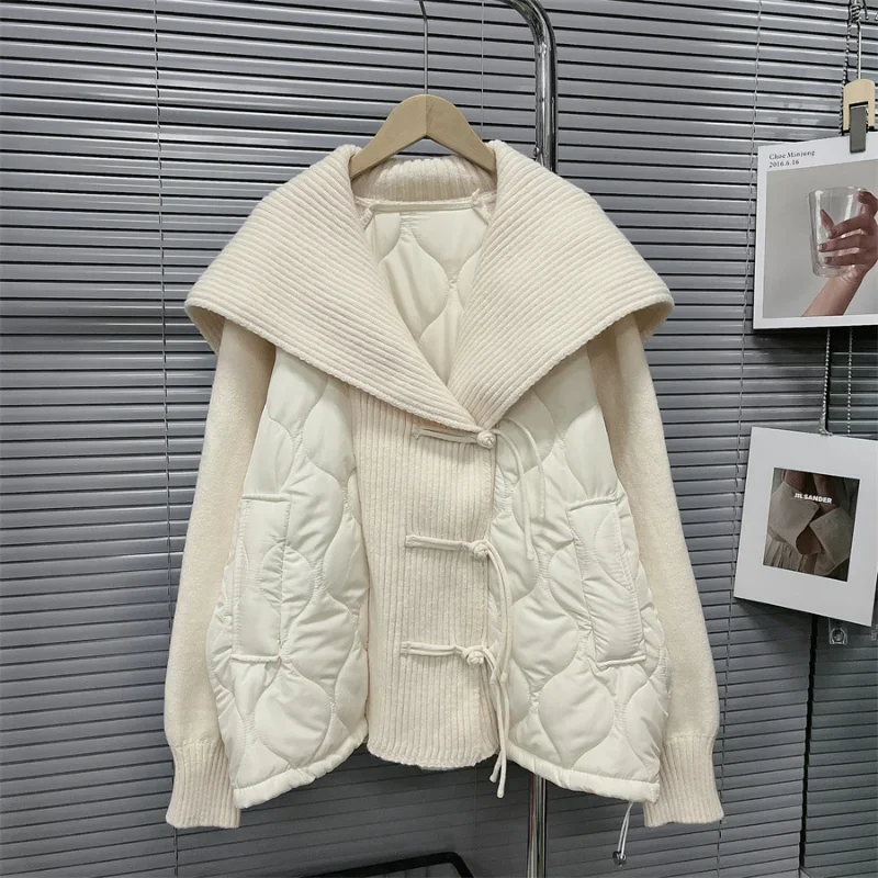 Fashion Big Turn-down Collar Knitted Patchwork Parka Sweet Solid Loose Sweater Coat Autumn Winter 2024 New Korean Jackets Women