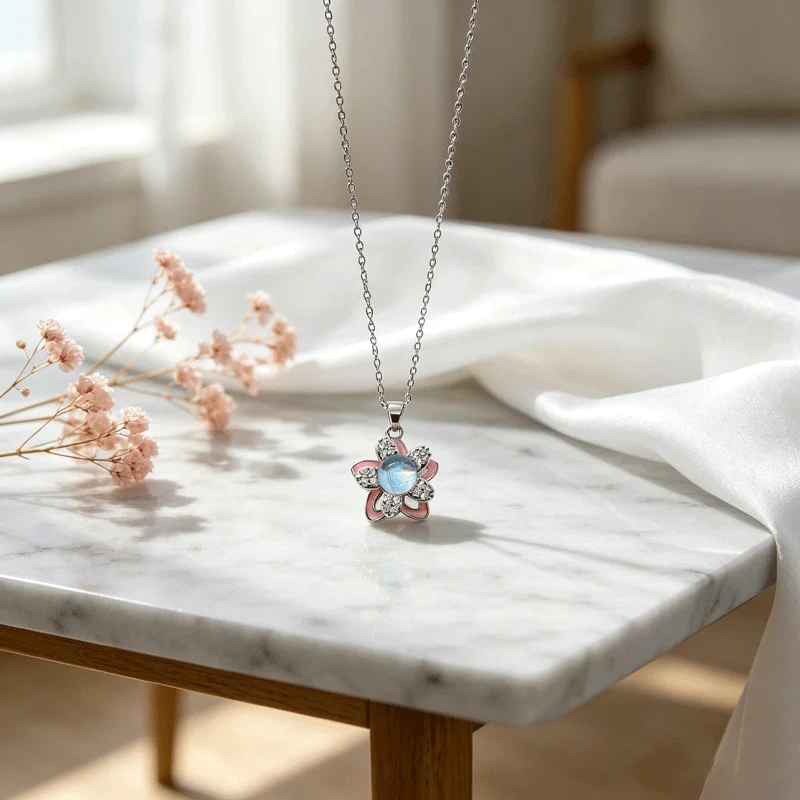 Silver Plated Flower Pendant Necklace With Blue Crystal & Pink Enamel Dainty Sparkling Fashion Clavicle Chain For Women Gift