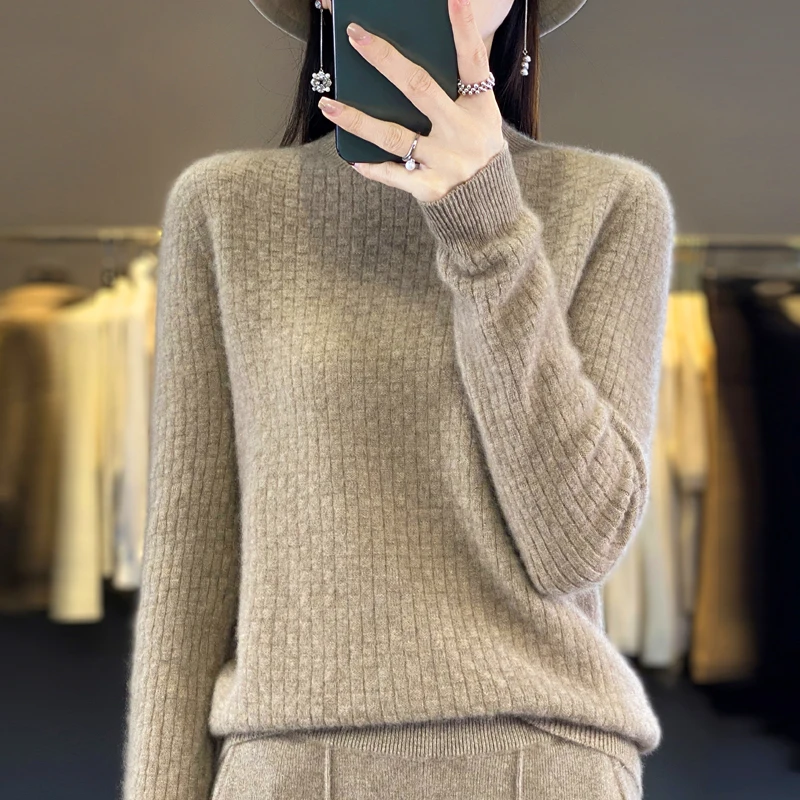 Nuovo maglione da donna in cashmere merino al 100% in autunno e inverno con collo alto e top caldo pullover a maniche lunghe