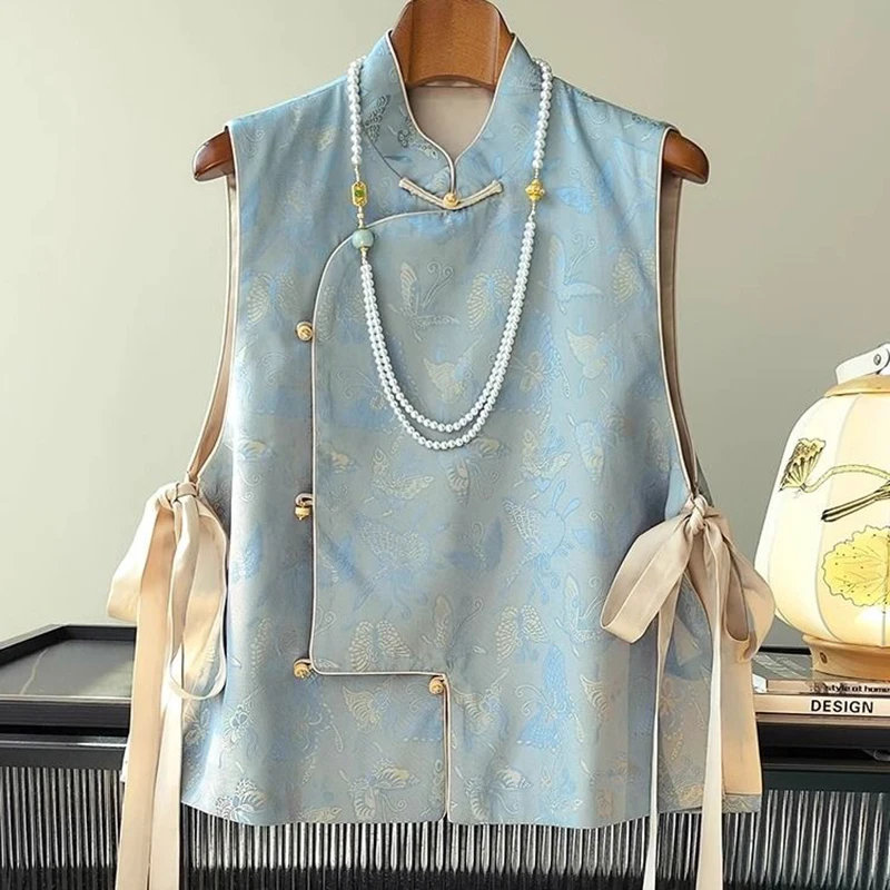 

New Chinese Style Imitation Silk Vest Plate Button Tie Women's Sleeveless Top Autumn Vintage Improved Cheongsam Vest Jacket