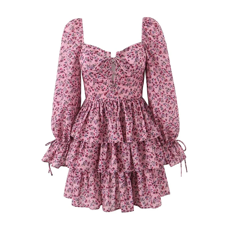 

YENKYE Sexy Elegant Women Front Lacing Up Puff Sleeve Cake Dresses Vintage Floral Print Ladies Party Mini Dress Holiday Robe