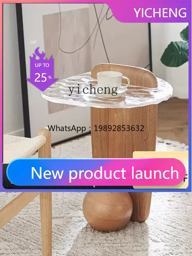 LYY   Living Room Side Table Modern Minimalist Sofa Edge Solid Wood High-Grade Mid-Ancient Water Ripple Glass Small Coffee Table