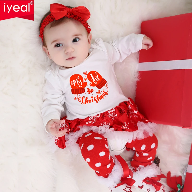 

IYEAL New Christmas Children's Suit Autumn Winter New Baby Girl Long-Sleeved Romper Dress+Shoes+Socks+Headband 4-Piece Set