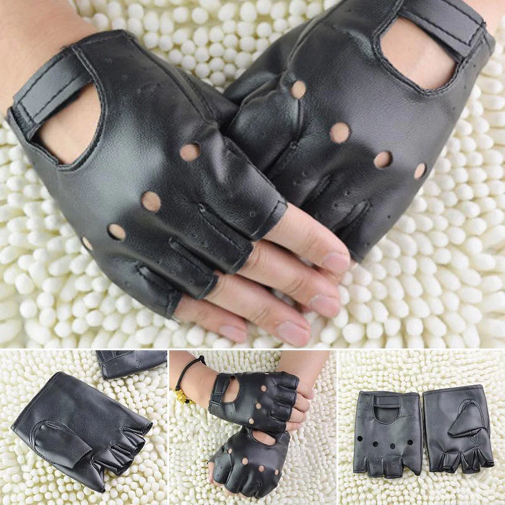 Men Women PU Gloves Outdoor Black Soft Leather Driving Gloves Hollow Out Motorcycle Biker Fingerless Gloves Half Finger Gloves