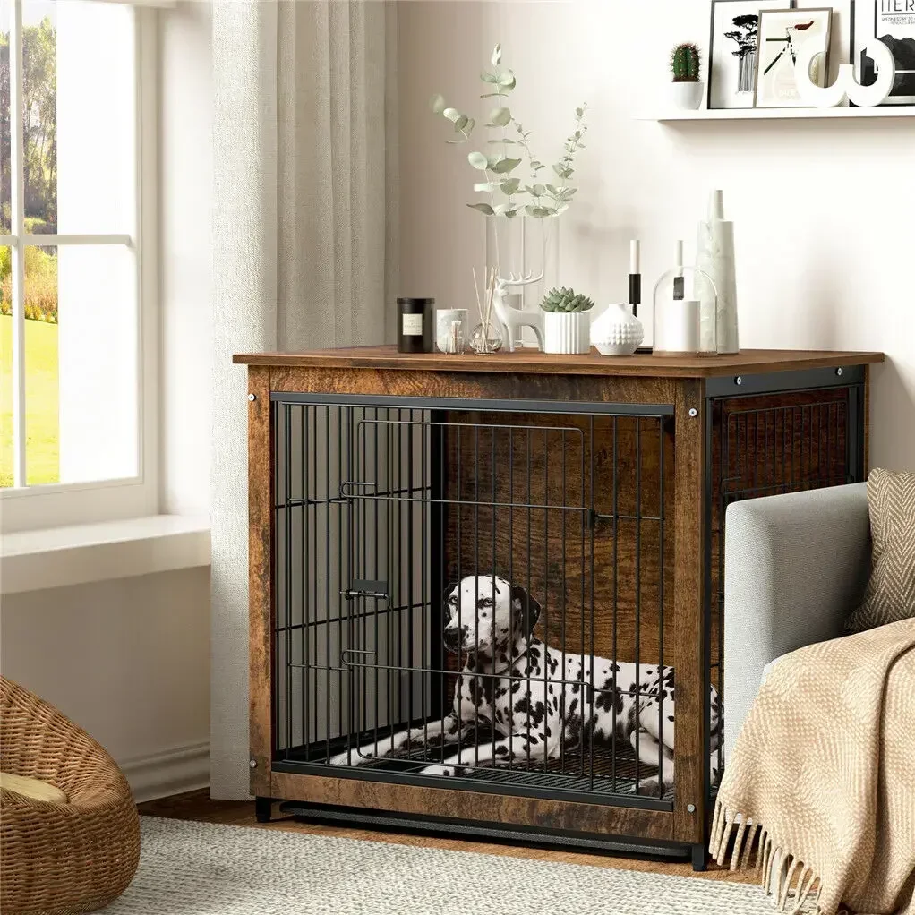 

%A S M L 3 Sizes Dog Crate End Table Furniture Wood Metal Combine Pet Dog Cage Kennels with Double Doors and Removable Tray