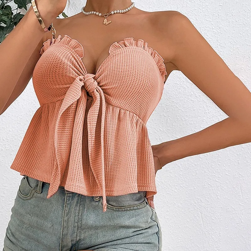 New Sexy Strapless Open Back Chest Tie Up Waist Ruffle Edge Ultra Short Sleeveless Tank Top Street Wear Women Clothing YSQ11