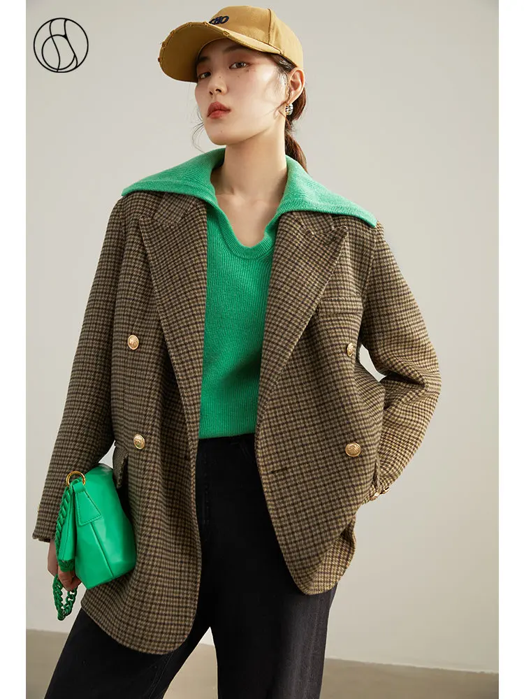 DUSHU Vintage British Style Wool Suit Coat Women Winter 2022 New Design Sense Office Lady Loose Tube Female Woolen Coats