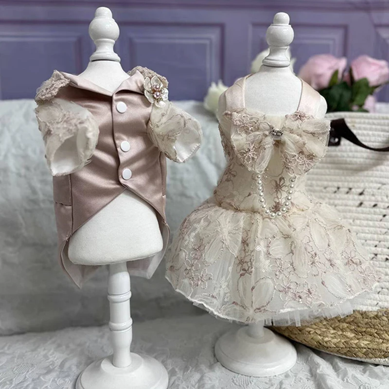 Lotus Root Pink Lace Princess Dog Dress And Owner's Matching Costume Set Handicraft Pet Apparel for Wedding Couples Celebration