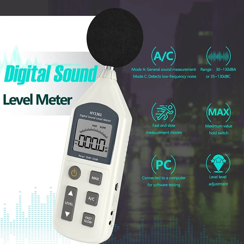 HY1361 Digital USB Noise Sound Level Meter Decibel Meter 30-130dB A/C FAST/SLOW With Large LCD Screen Display