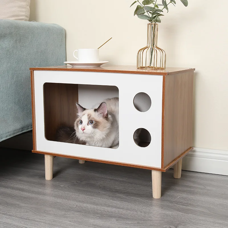

Creative modeling pet wooden nest solid wood cat nest pet bedside table integrated solid wood pet cat nest