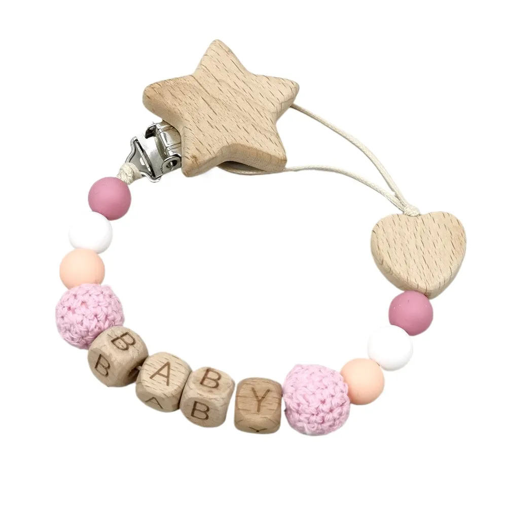 

Personalized Name Baby Pacifier Clips Wooden Star & Heart Beads, Colorful Crochet Beads, Anti-Drop Soother Holders