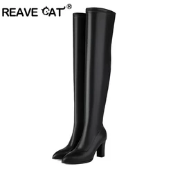 REAVE CAT autunno sopra gli stivali al ginocchio 8cm tacco grosso punta tonda in pelle coscia alta moda taglia grande 45 46 47 48 US17