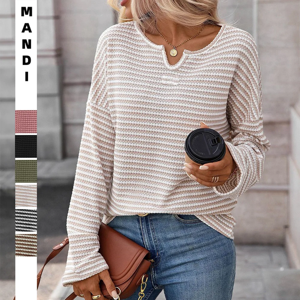 Women's Fall Striped Waffle Knit Top Long Sleeve Notched Crew Neck Loose Fit Casual Pullover Blouse