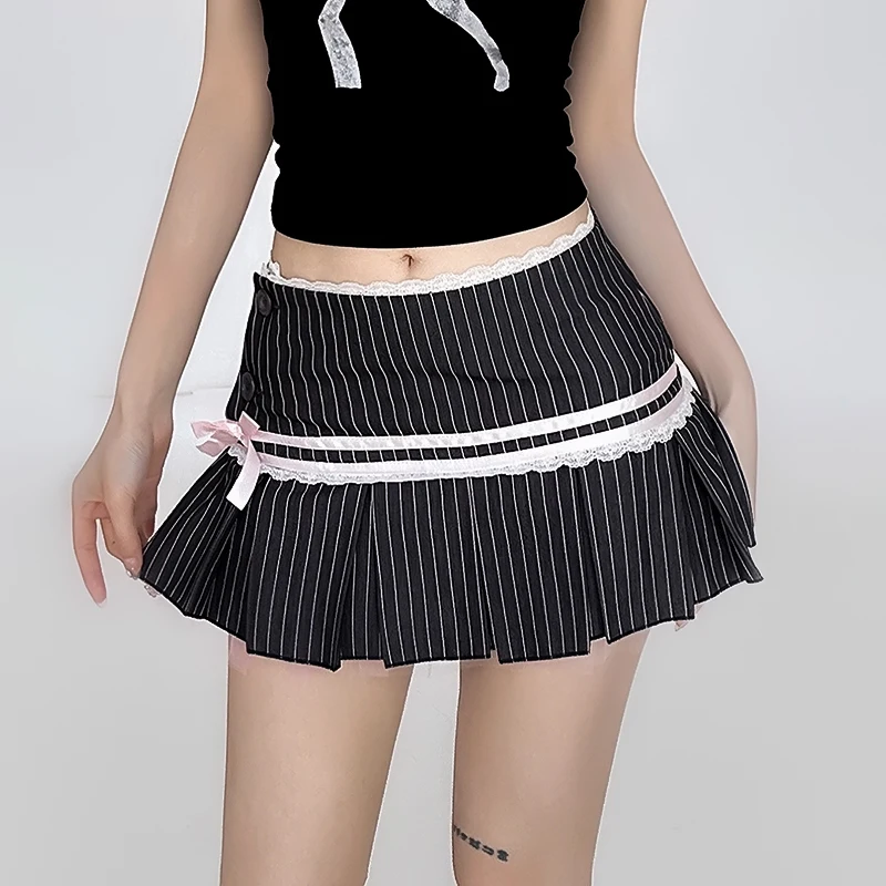 

Stripe Print Pleated Skirt Aesthetic Lace Patchwork High-waist Skirt Y2K Academic Style Streetwear Cute Sweet Skirt