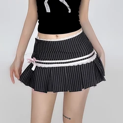 Stripe Print Pleated Skirt Aesthetic Lace Patchwork High-waist Skirt Y2K Academic Style Streetwear Cute Sweet Skirt