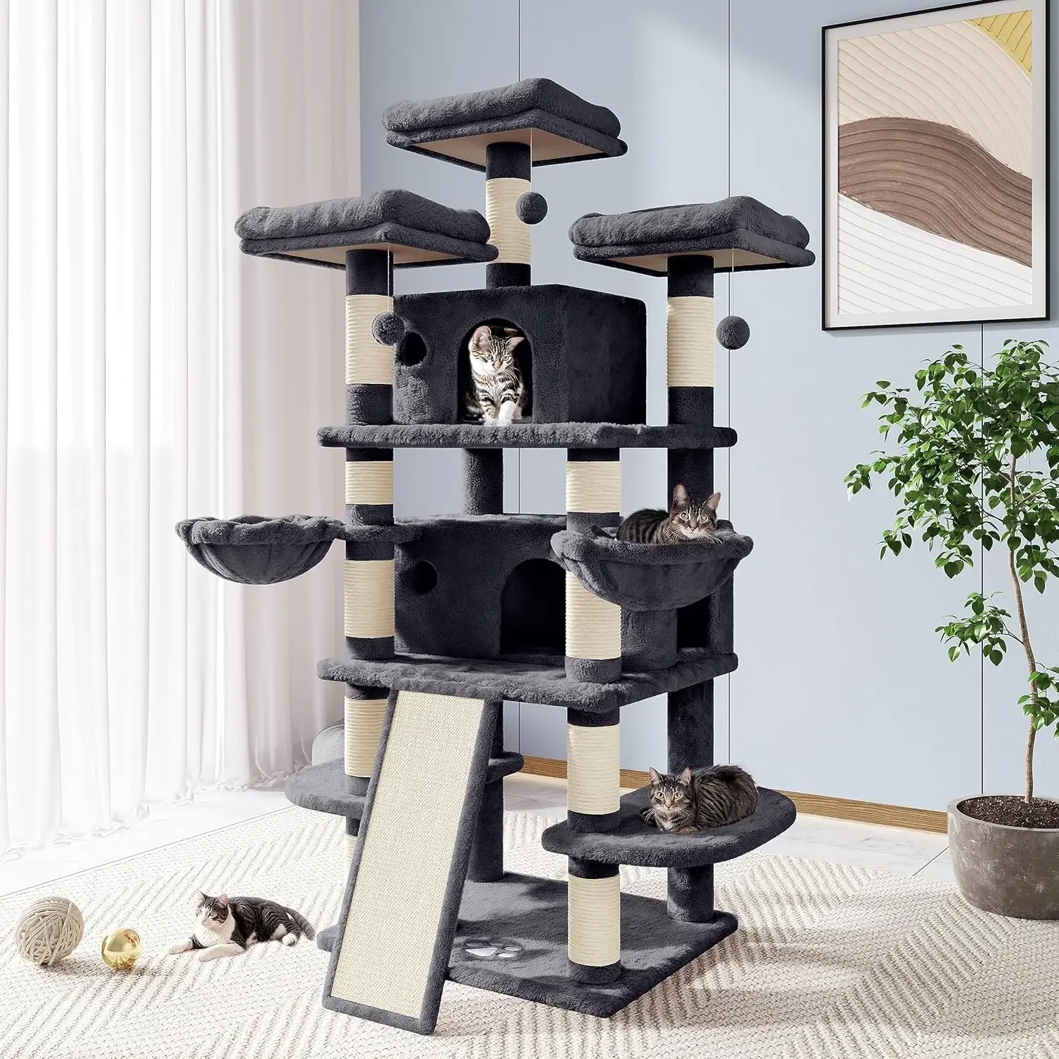 

68 Inches Cat Tree House With Condo, Scratching Post, And Multi-Level Towers For Cats - Smokey Grey|