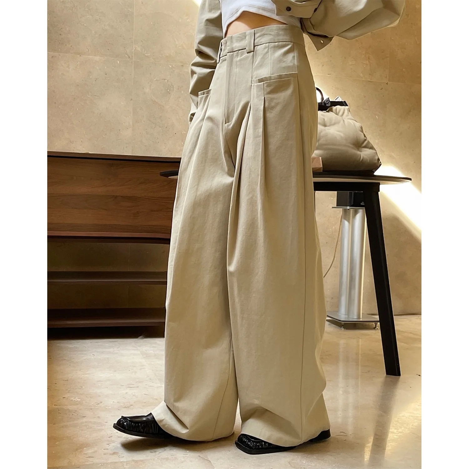 100% Cotton Women Autumn Stright Wide Leg Pants With Pocket High Waist Fashion Khaki Pants Female Women Clothes Trousers