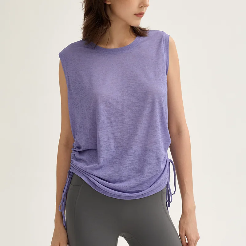 Micro-transparent slub yarn, drawstring, sleeveless sports, loose and thin training blouse, quick-drying running yoga women's to