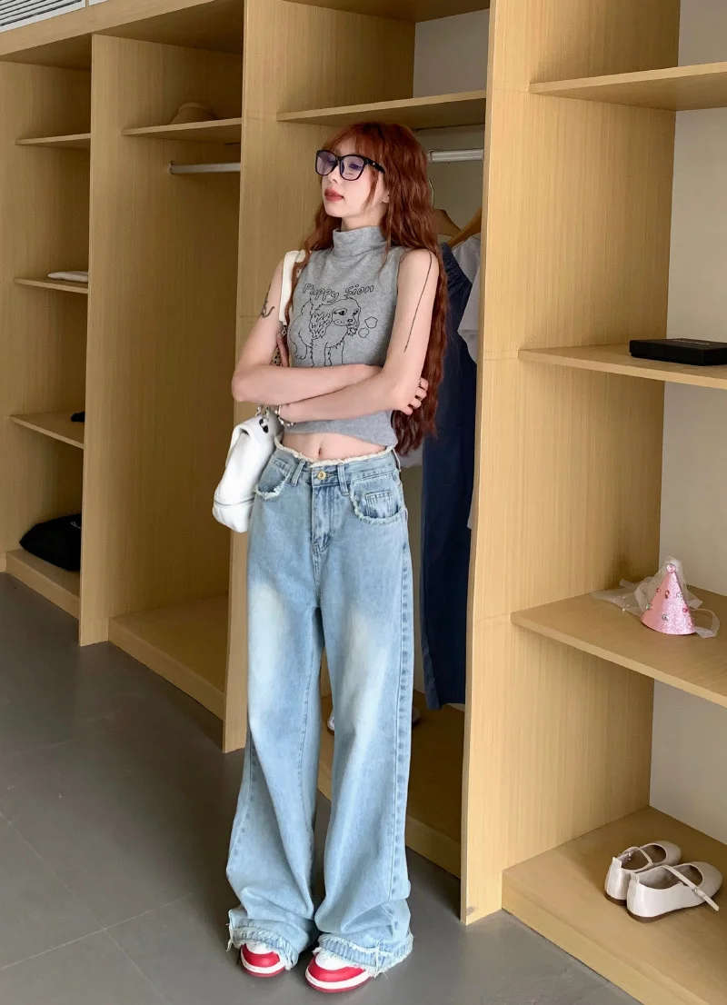 Washed Blue Ragged Edge Jeans For Women's Autumn 2023 New High Waist Floor Sweeping Wide Leg Pants Straight Leg Pants