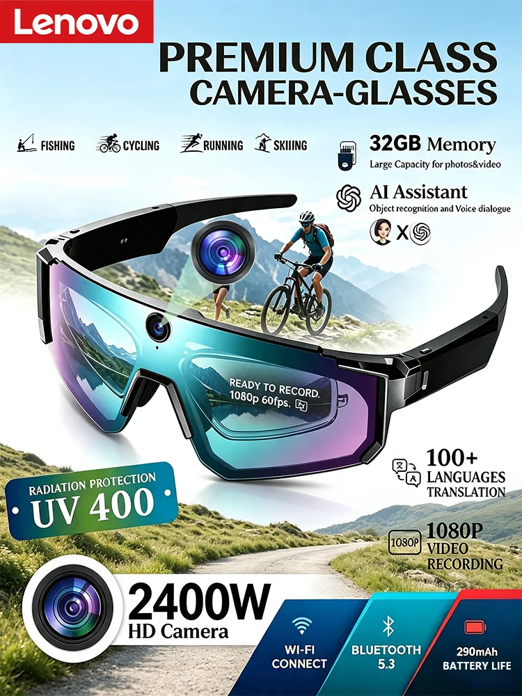 AliExpress Lenovo AI Smart Glasses ChatGPT 8K Anti-shake Camera 2400W Cycling Video&Photo Sport Sunglasses DualMic 32GB Windproof Goggles