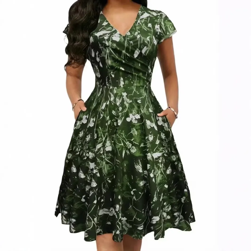 Short Sleeve a Line Dress High Waist Cut European and American Style with Dance Regular Sleeve Mid Waist Daily Beach Women Dress