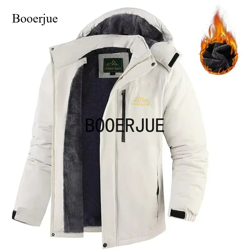 Winter Fleece Lined Jacket Thickened Windproof Waterproof Outdoor Coat Warm Hiking Trekking Skiing Hooded Parka Men's Plus Size