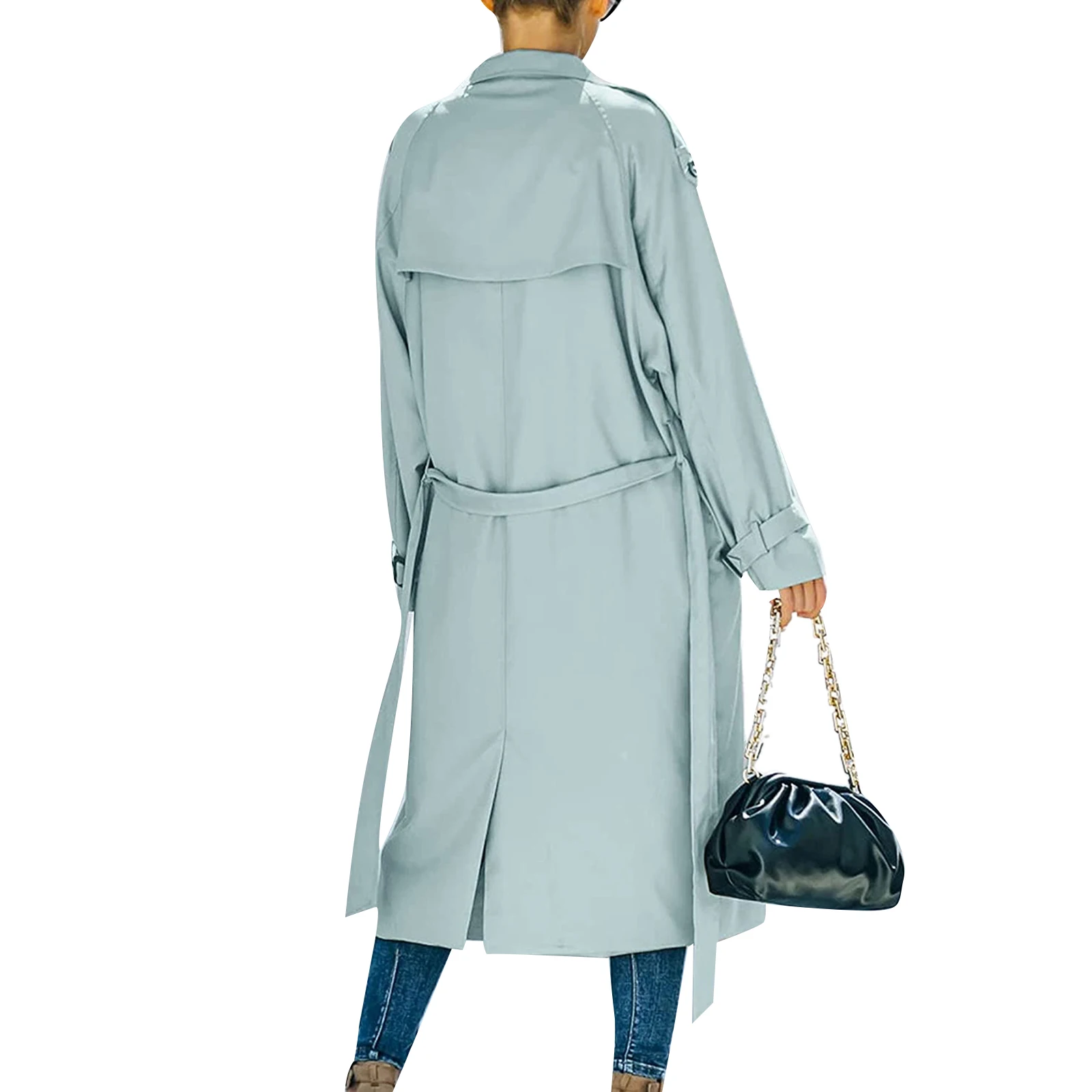 Women´s Double Breasted Long Trench Coat, Classic Lapel Long Sleeve Windproof Overcoat with Belt