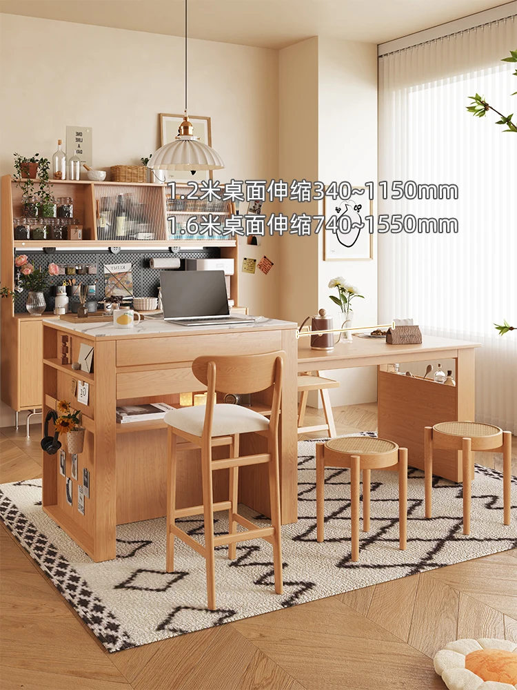 Island dining table integrated whole solid wood expandable household small unit