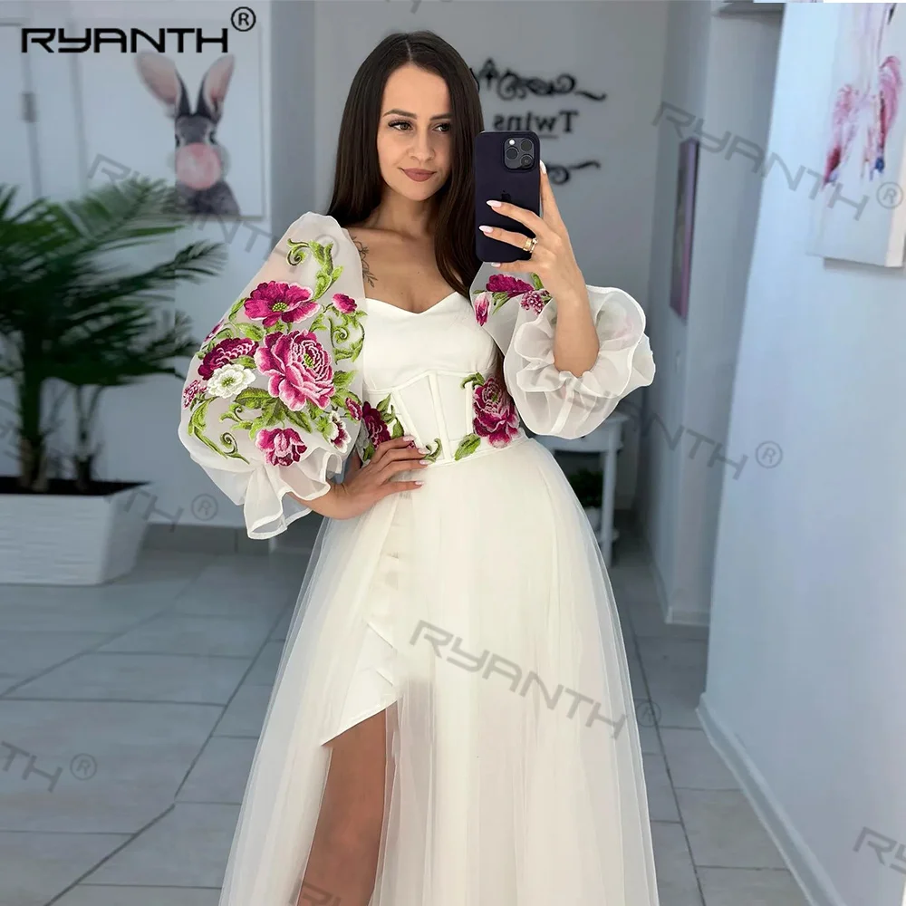 Ryanth-vestido acampanado de marfil para mujer, traje de fiesta de boda, vestido de noche para mujer, tren desmontable floral, túnicas de tul de soirée 2024