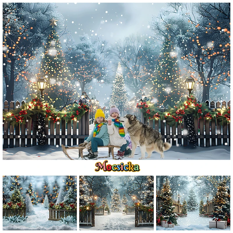 

Christmas Tree Big Background Photography Shining Lights Snow Backdrop Party Decor Photo Studio Fence Outdoor Banner Photobooth