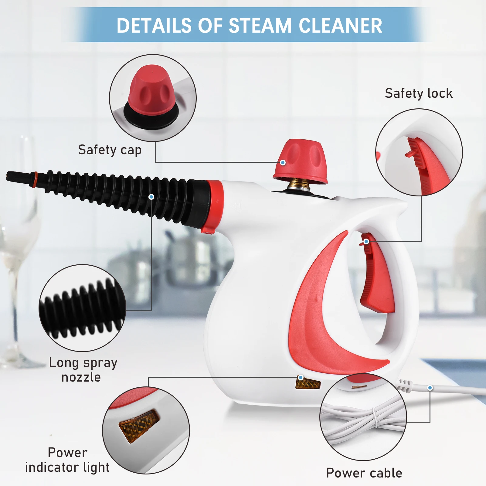 1050W Handheld Steam Cleaner High Temperature Pressurized Steam Cleaning Machine Portable for Kitchen Sofa Bathroom Car Window