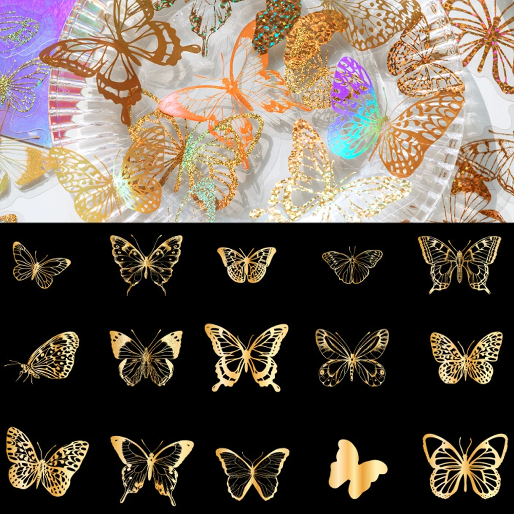 45PCS Holographic Laser Gold Cartoon Stickers Butterfly Astrology Fireworks Guitar Bumper Car Sticker Decals for Kid Toy Gift