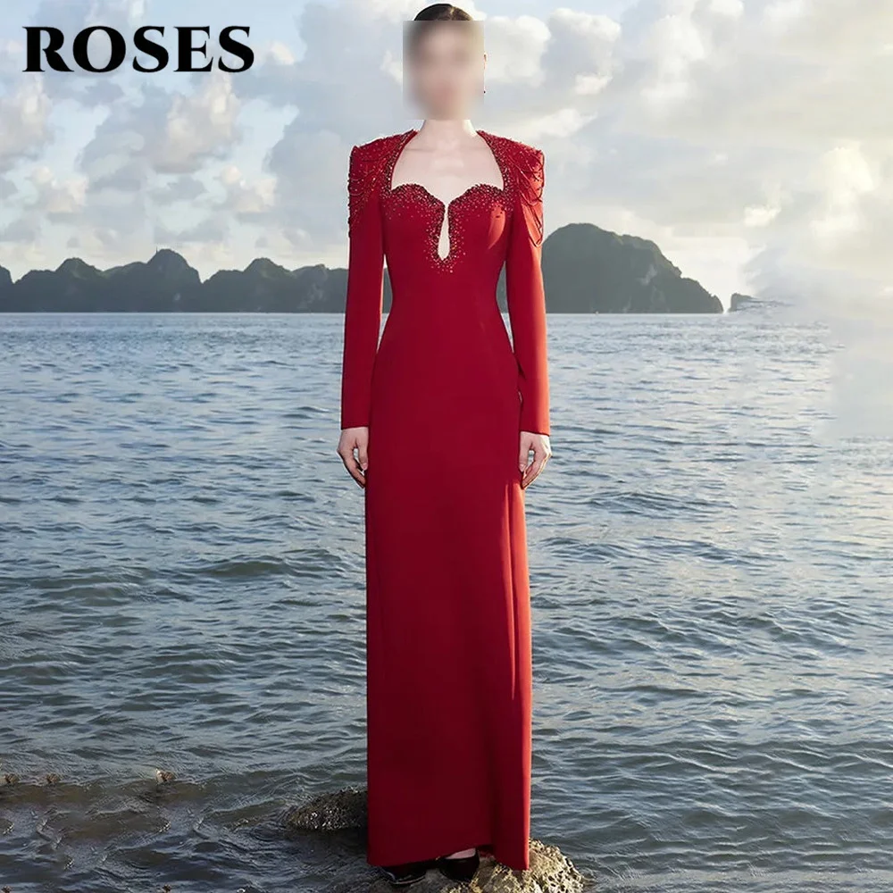 ROSES Red Prom Dresses Off the Shoulder Long Sleeve Evening Dresses with Crystal Straight Party Dress Robe De Soirée Customized