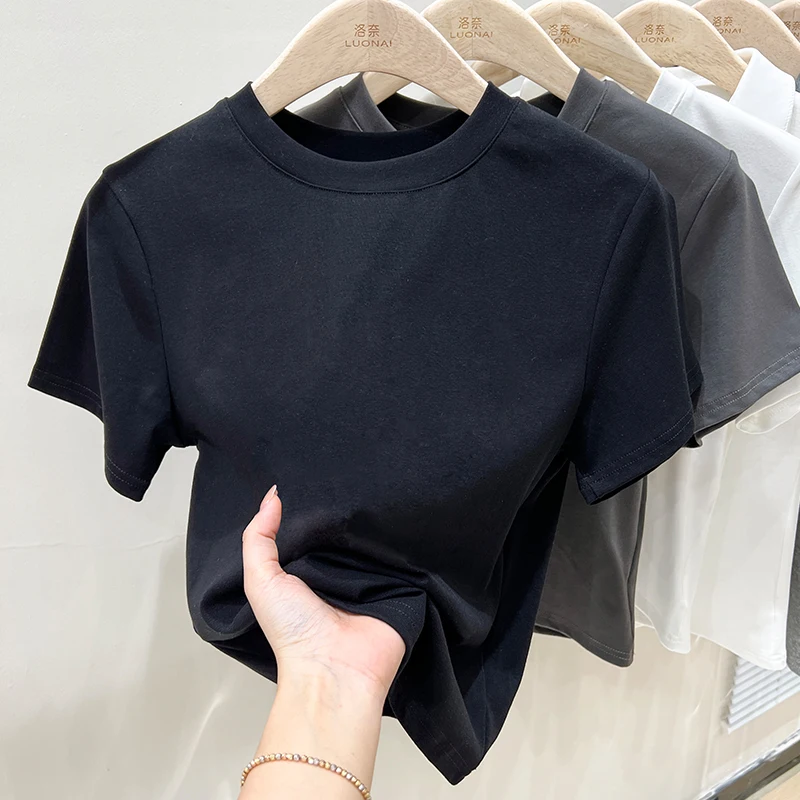 Vintage Solid Color T Shirt Women Y2k Crop Top O-neck Tee Streetwear Short Sleeve T-shirt Summer New Skinny Casual Tops