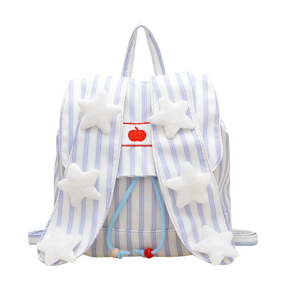 Canvas Backpack Rabbit Ear Backpack Striped Pattern Rabbit Ear Flap Bunny Backpack Front Patch Detail Adjustable Shoulder Straps