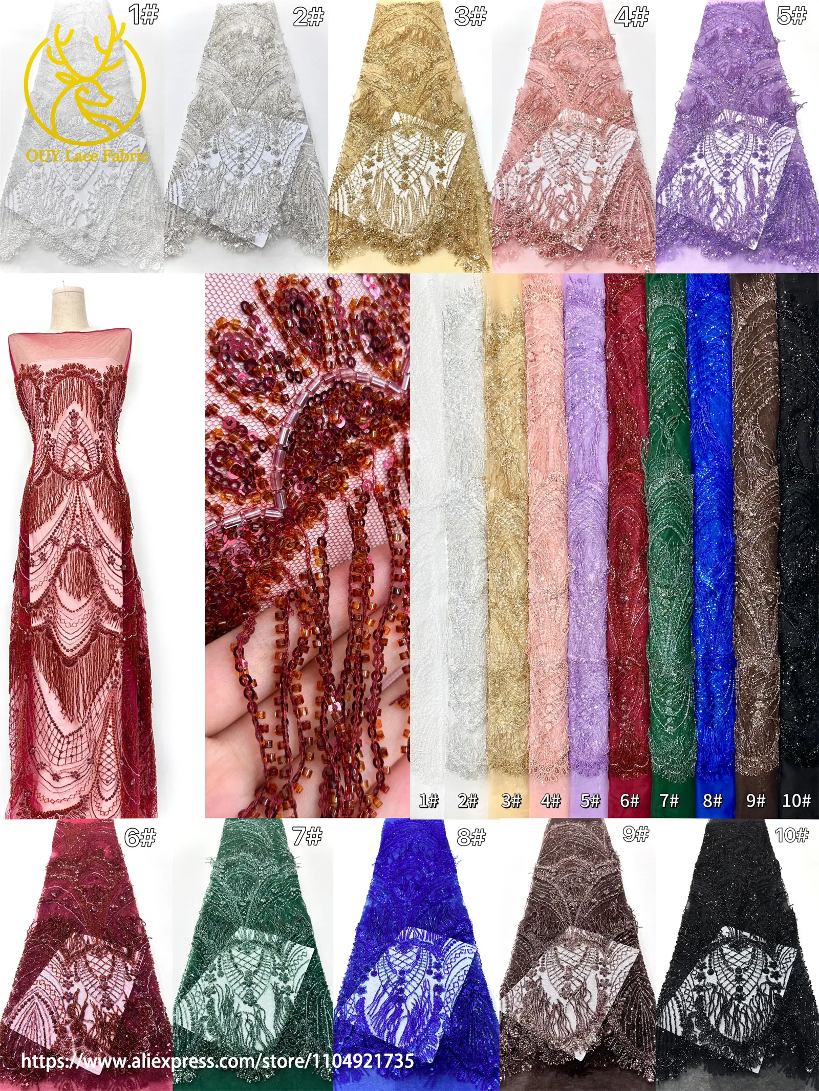 3D Luxuriöser Afrikanischer Handgefertigter Perlen-Spitzenstoff 2026 Französischer Nigerianischer Pailletten-Spitzenstoff für Brautkleider und Hochzeitskleider – Detail 5